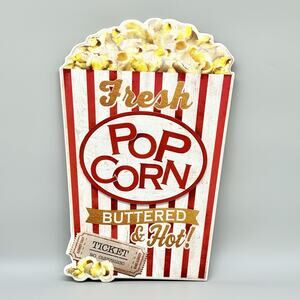 Popcorn Bucket Sign 10"x16" Wooden Movie Room Man Cave Vintage Style Decor